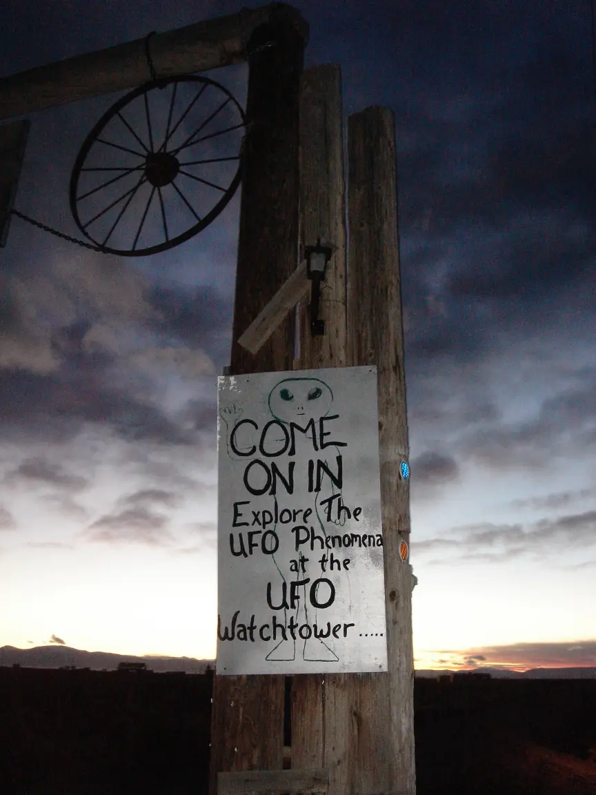 The UFO Watchtower at dusk: "Come on in. Explore the UFO phenomena."