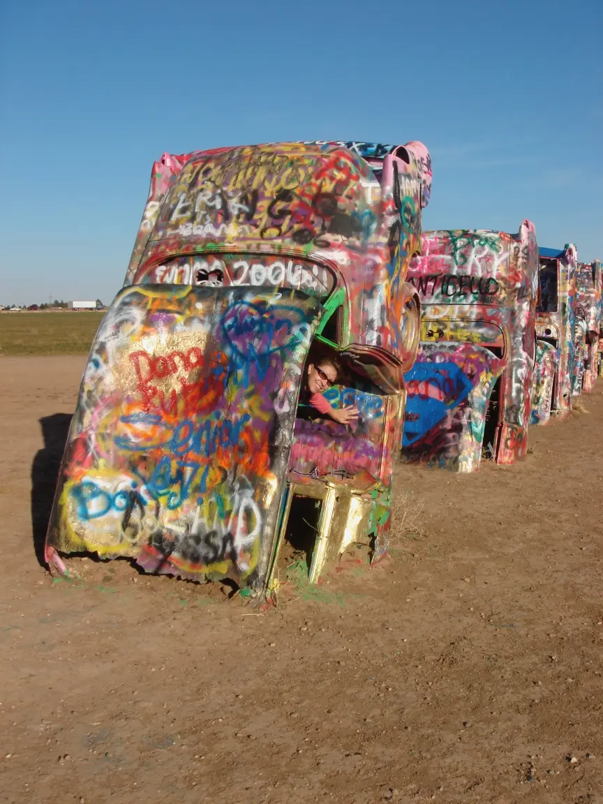 Cholla and burrs in New Mexico, and Jess inside one of the cars at Cadillac Ranch.