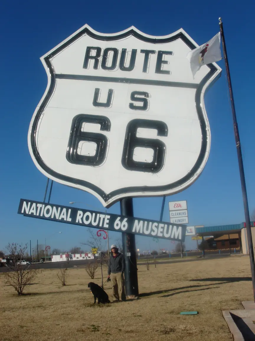 Simon and me at the National Route 66 Museum in Elk City, and Jess among the windmills.