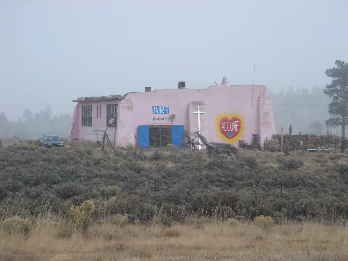 On the road into Taos: painted grain silos, and a pink roadside art gallery.