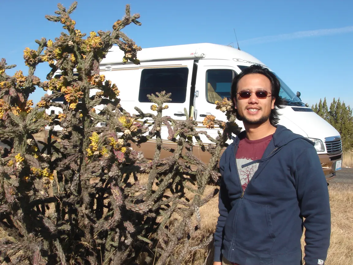 Cholla and burrs in New Mexico, and Jess inside one of the cars at Cadillac Ranch.