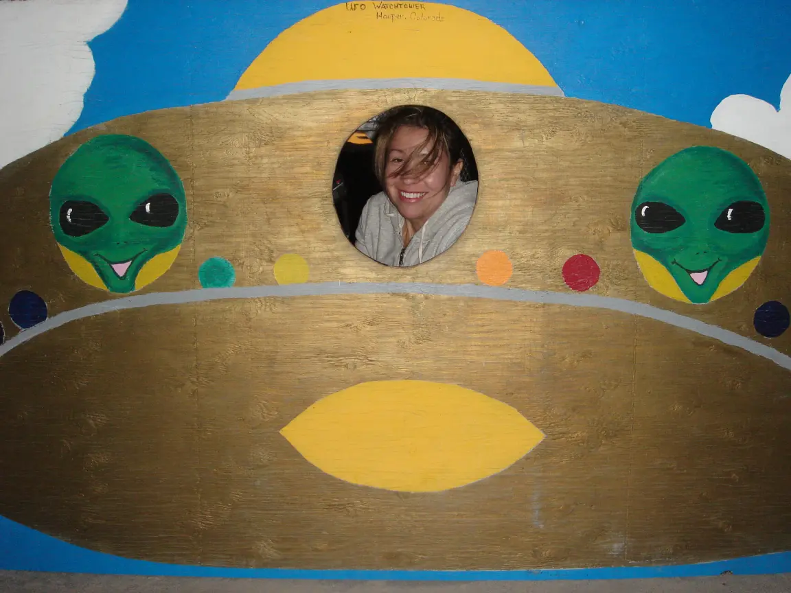 Jess piloting the saucer, and me, finally among my people.