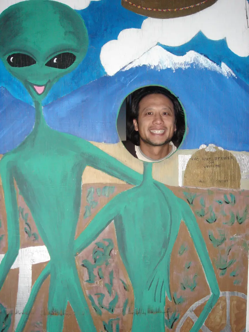 Jess piloting the saucer, and me, finally among my people.