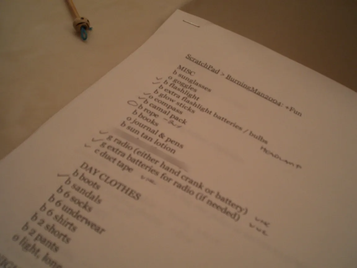 The 2004 checklist, items ticked off by hand